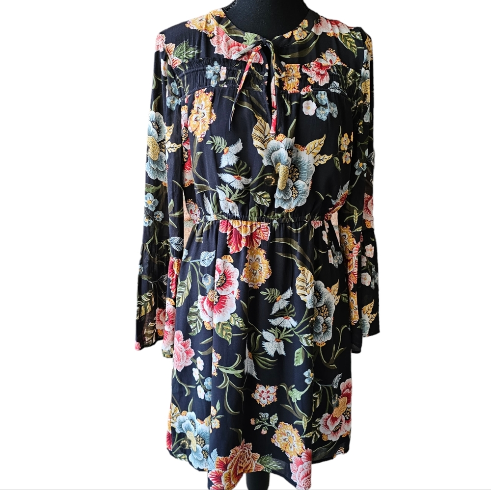 Loft Poppy Bloom Floral Bell Sleeve Mini Dress